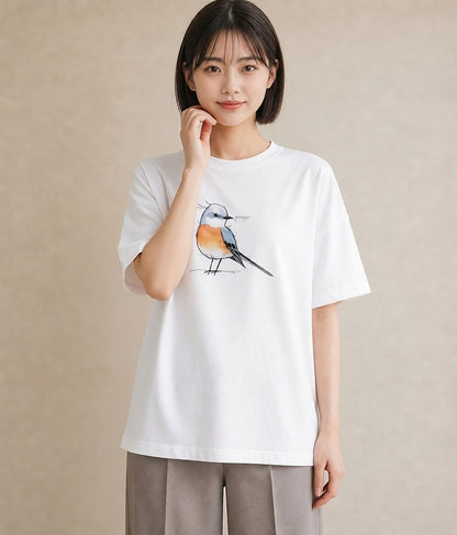 プリントTシャツ レディース 遠い家と鳥 風景 鳥 ナチュラル アンティーク イラスト 手描き風 お出かけ 普段着 白T