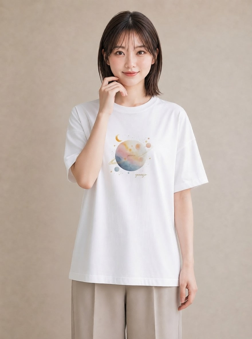 プリントTシャツ レディース 太陽 星空 宇宙 イラスト 水彩風 クリスマス 旅行 白T