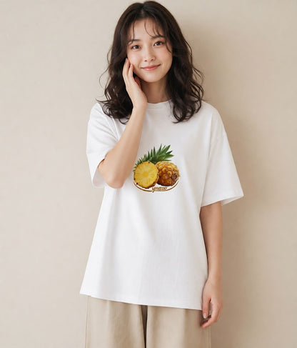 デザインTシャツ レディース パイナップル 食べ物 フード イラスト ゆるかわ 社会人 女性 白T