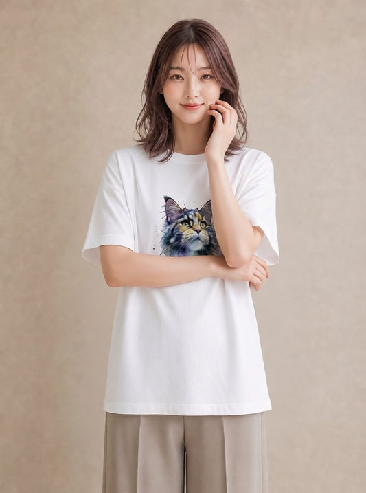 Tシャツ レディース ぶち猫 猫 ねこ イラスト シンプル ビーチ デイリーウェア 白T