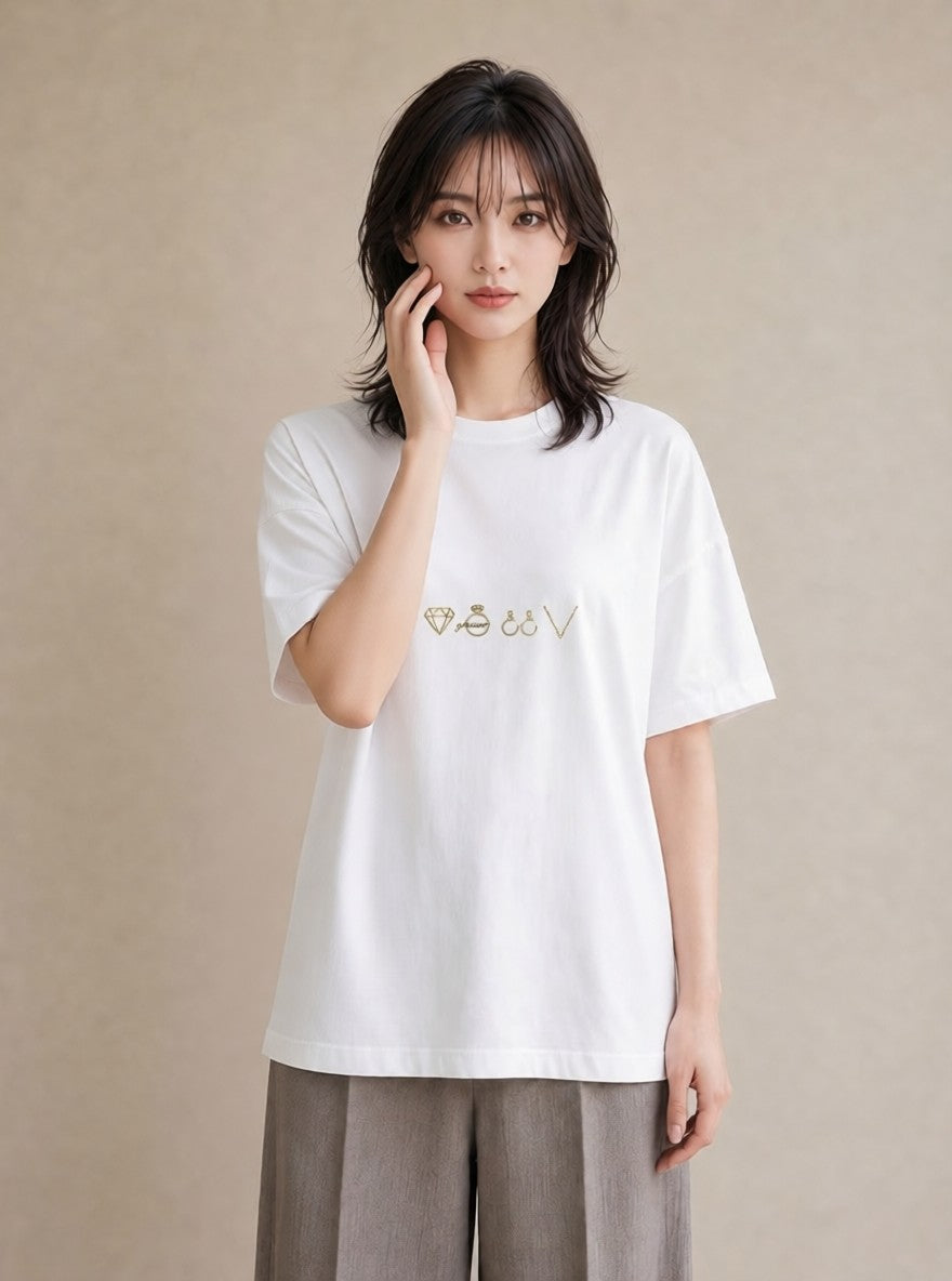 Tシャツ レディース パールピアス アクセサリー ナチュラル アンティーク イラスト アート風 誕生日プレゼント 綿100 白T