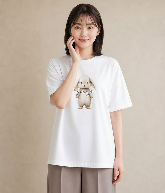 半袖Tシャツ レディース ライオンラビット ペット 動物 イラスト ヴィンテージ風 ミセス 春コーデ 白T