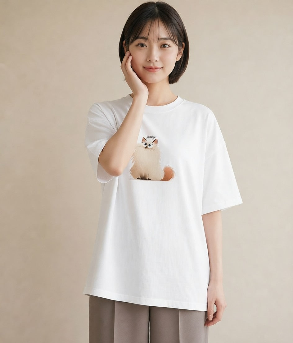 デザインTシャツ レディース ペルシャ 猫 ねこ イラスト シック レイヤード 友達ギフト 白T