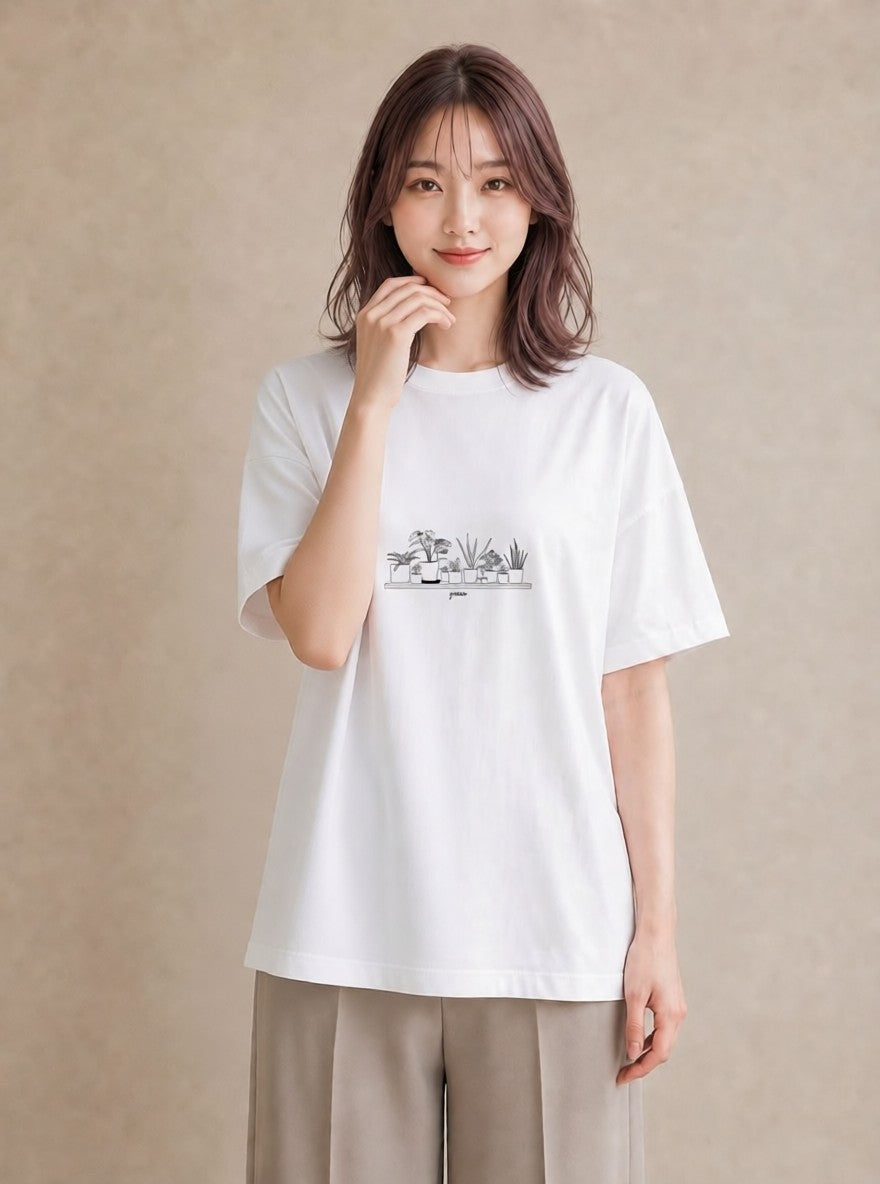 Tシャツ レディース 観葉植物 ボタニカル 植物 イラスト 上品 デイリーウェア 休日 白T