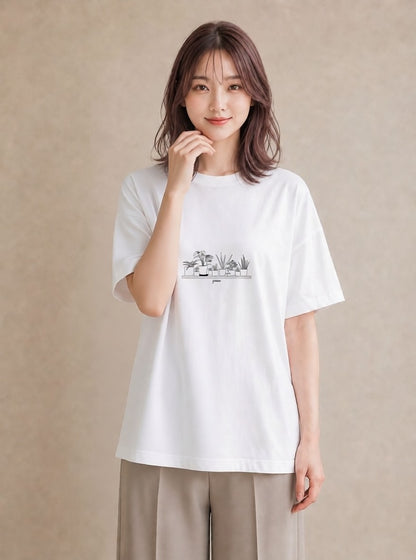 Tシャツ レディース 観葉植物 ボタニカル 植物 イラスト 上品 デイリーウェア 休日 白T