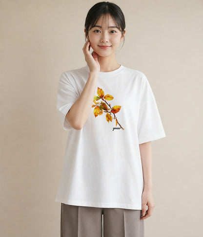 半袖Tシャツ レディース 落ち葉 植物 ボタニカル イラスト こなれ感 ラフ レイヤード 白T