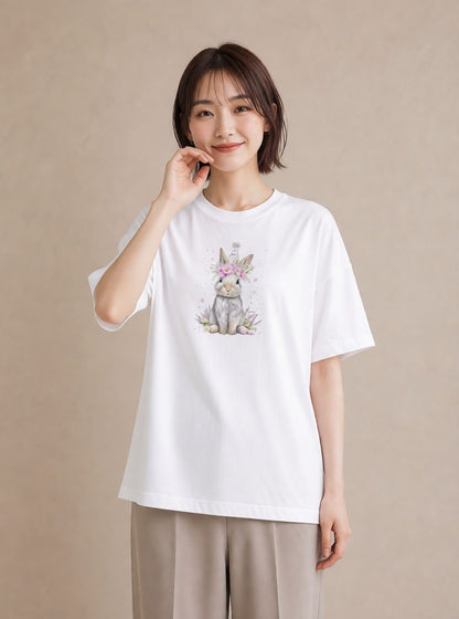 半袖Tシャツ レディース ライオンラビット ペット 動物 イラスト シック 自分用 ルームウェア 白T