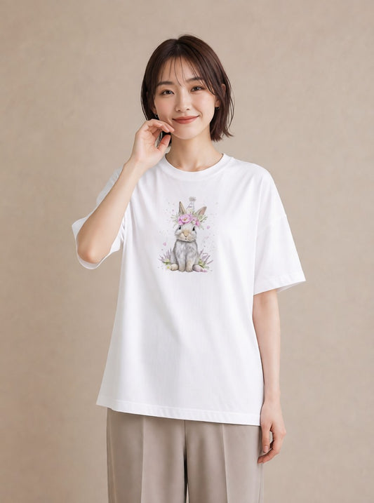 半袖Tシャツ レディース ライオンラビット ペット 動物 イラスト シック 自分用 ルームウェア 白T