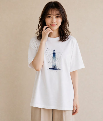 Tシャツ レディース 灯台 霧 海 ナチュラル アンティーク イラスト ラフカジュアル カフェ巡り 女子会 白T