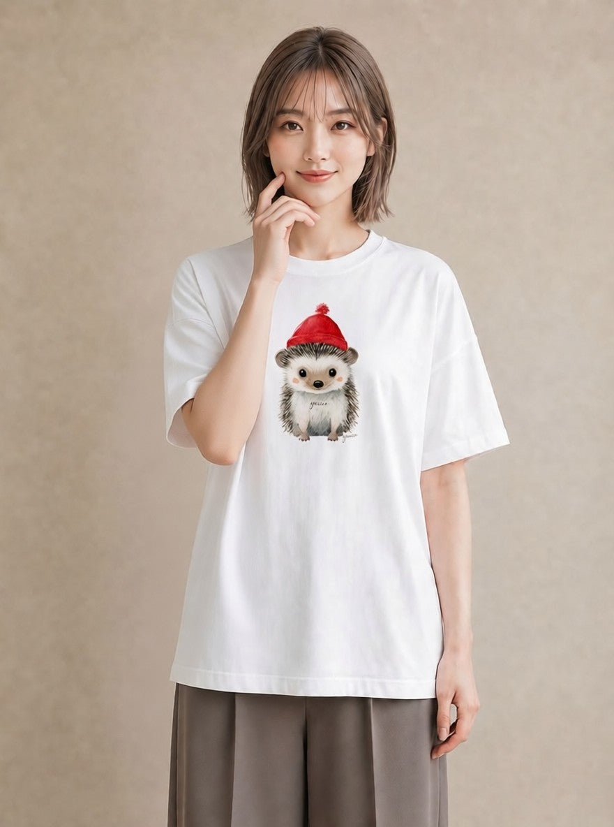 半袖Tシャツ レディース ハリネズミ ペット 動物 イラスト レトロ 公園 ママ 白T
