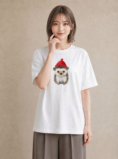 半袖Tシャツ レディース ハリネズミ ペット 動物 イラスト レトロ 公園 ママ 白T