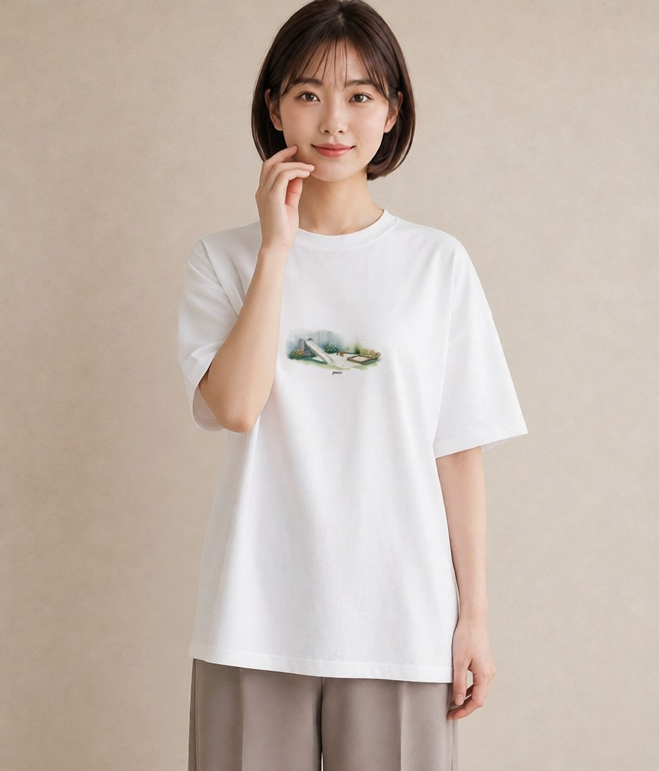 半袖Tシャツ レディース 小川 橋 せせらぎ ナチュラル アンティーク イラスト 週末コーデ 敬老の日 白T