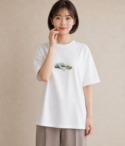 半袖Tシャツ レディース 小川 橋 せせらぎ ナチュラル アンティーク イラスト 週末コーデ 敬老の日 白T