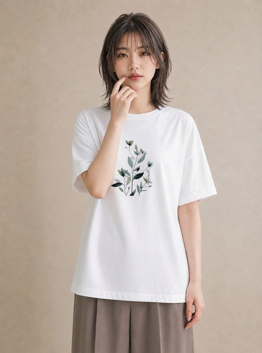 グラフィックTシャツ レディース 苔 植物 ボタニカル イラスト ユニーク 自分用 ルームウェア 白T