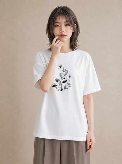グラフィックTシャツ レディース 苔 植物 ボタニカル イラスト ユニーク 自分用 ルームウェア 白T