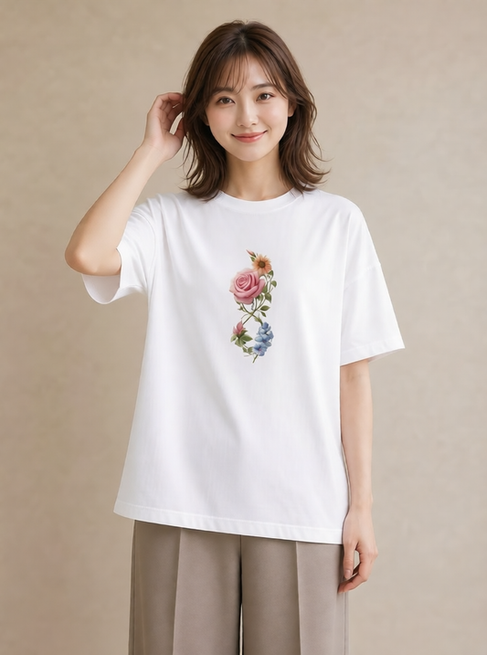半袖Tシャツ レディース バラ 薔薇 ローズ 花 花柄 イラスト ガーリー 姉妹 送別ギフト 白T