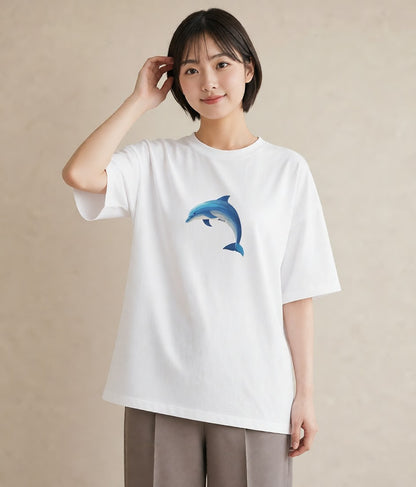 プリントTシャツ レディース イルカ 海の生き物 海 イラスト きれいめカジュアル 買い物 夏コーデ 白T