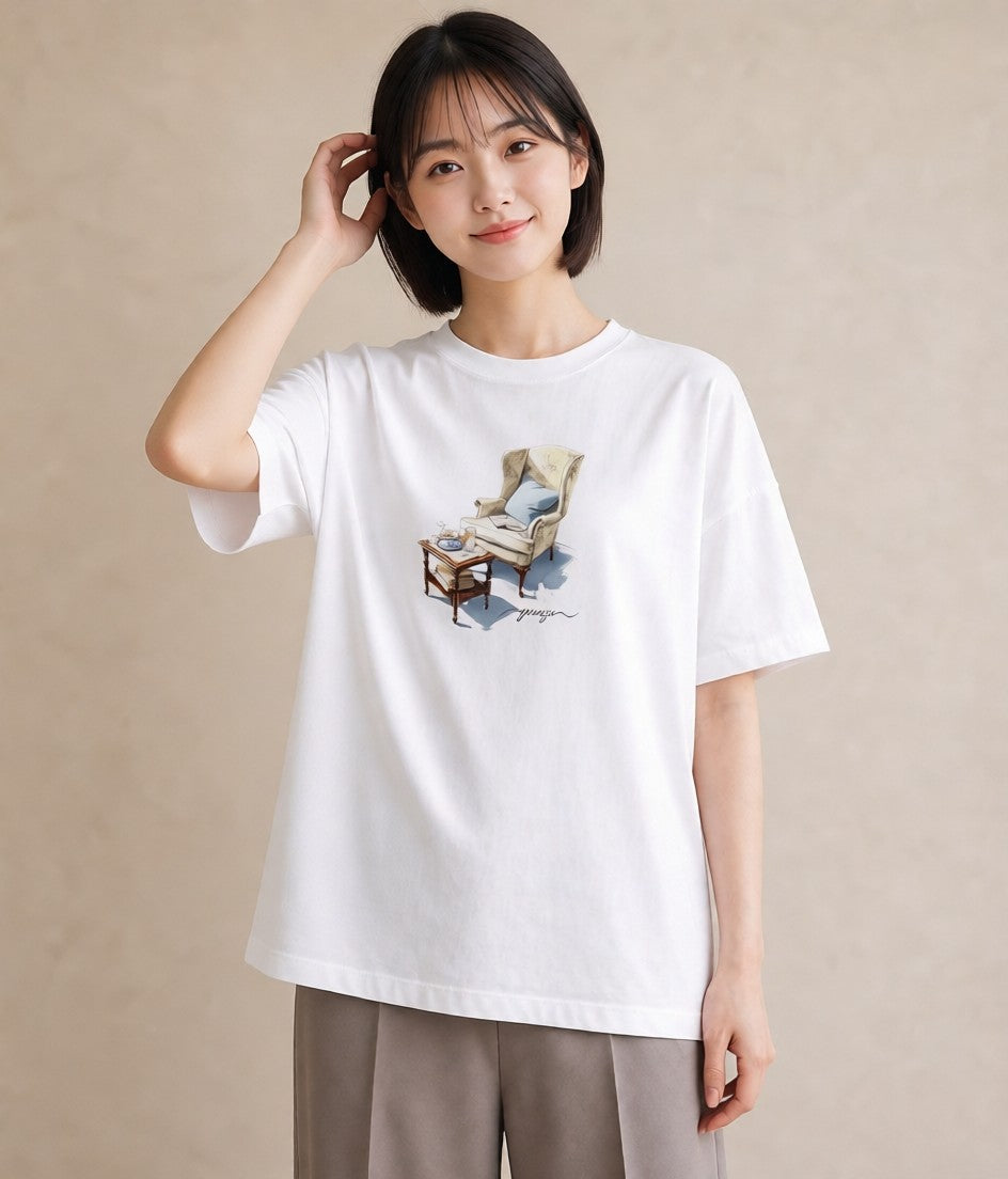 プリントTシャツ レディース 窓辺の椅子 窓辺 椅子 ナチュラル アンティーク イラスト 個性的 女性 旅行用 白T