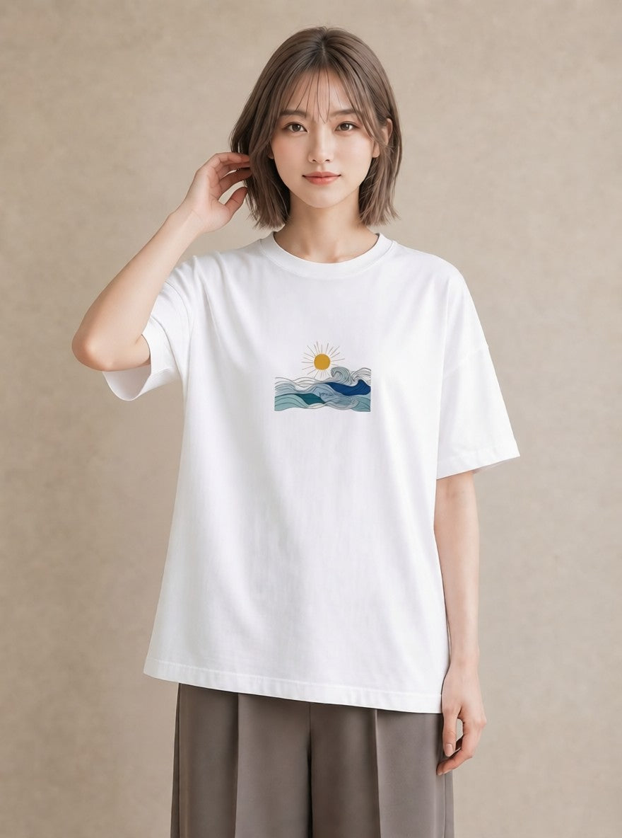 半袖Tシャツ レディース 海 リゾート 夏 イラスト 韓国風 レイヤード 友達ギフト 白T