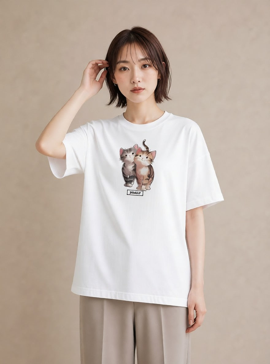デザインTシャツ レディース しっぽ 猫 ねこ イラスト 普段使い デート 帰省 白T