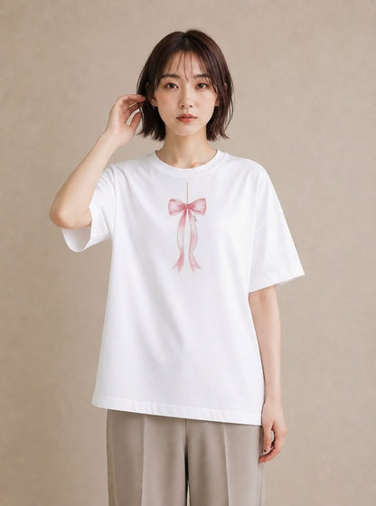 デザインTシャツ レディース リボン 蝶結び ナチュラル アンティーク イラスト ニュアンス ママ カフェ服 白T