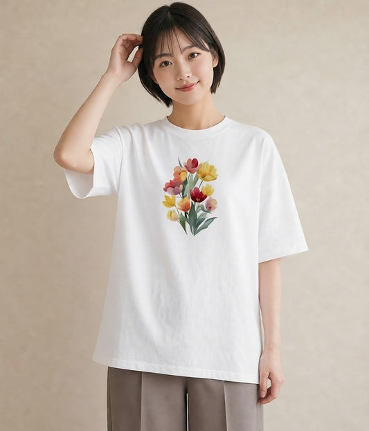プリントTシャツ レディース チューリップ 花 花柄 イラスト 水彩風 お出かけ 普段着 白T