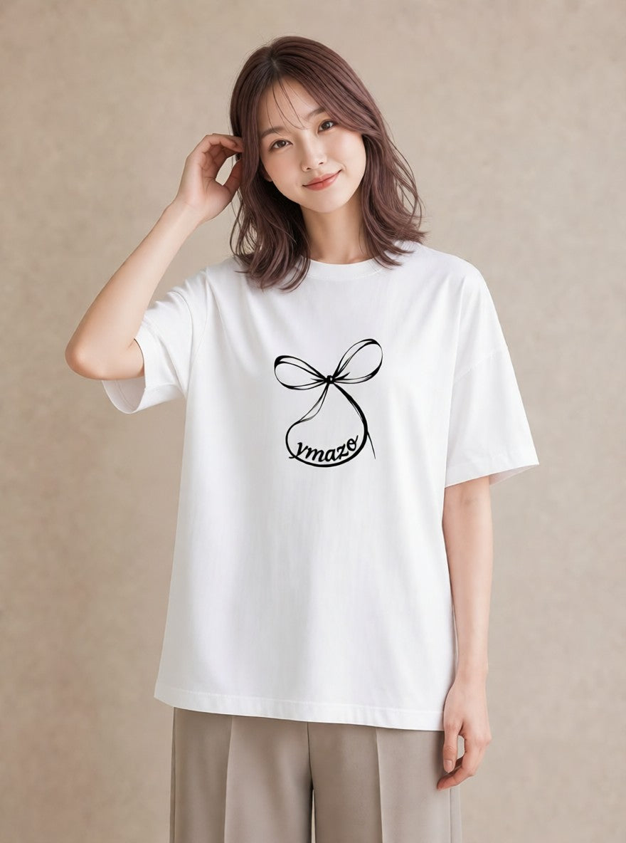 グラフィックTシャツ レディース リボン 蝶結び ナチュラル アンティーク イラスト 線画 綿100 デート 白T