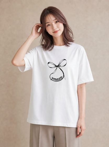 グラフィックTシャツ レディース リボン 蝶結び ナチュラル アンティーク イラスト 線画 綿100 デート 白T