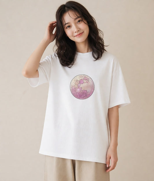 半袖Tシャツ レディース 満月 星空 宇宙 イラスト きれいめ ママ カフェ服 白T