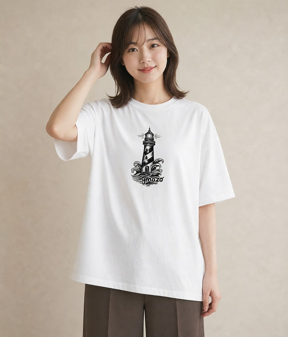 プリントTシャツ レディース 灯台 霧 海 ナチュラル アンティーク イラスト 休日コーデ 敬老の日 ホワイトデー 白T