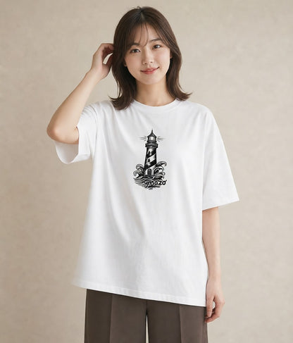 プリントTシャツ レディース 灯台 霧 海 ナチュラル アンティーク イラスト 休日コーデ 敬老の日 ホワイトデー 白T