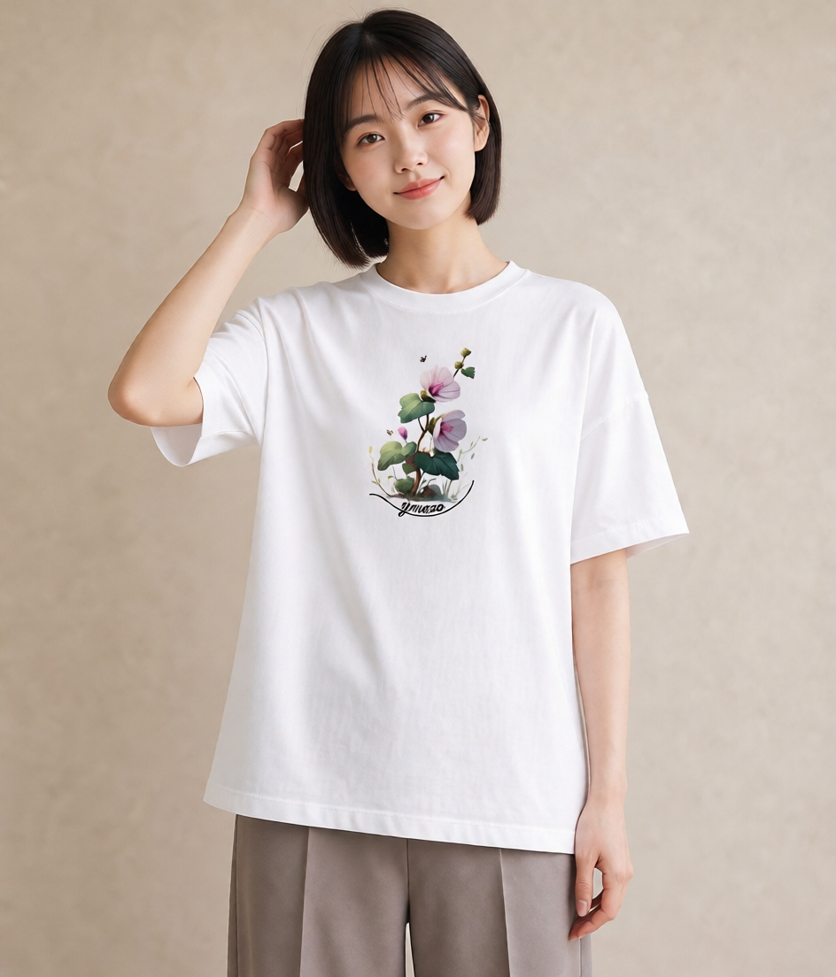 Tシャツ レディース クローバー 四つ葉 花 花柄 イラスト ラフカジュアル 社会人 女性 白T