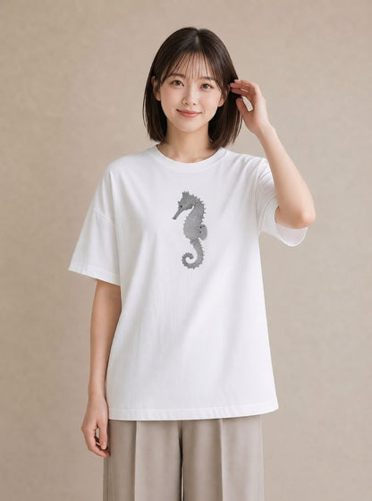 グラフィックTシャツ レディース タツノオトシゴ 海の生き物 海 イラスト ポップ ホワイトデー 春服 白T