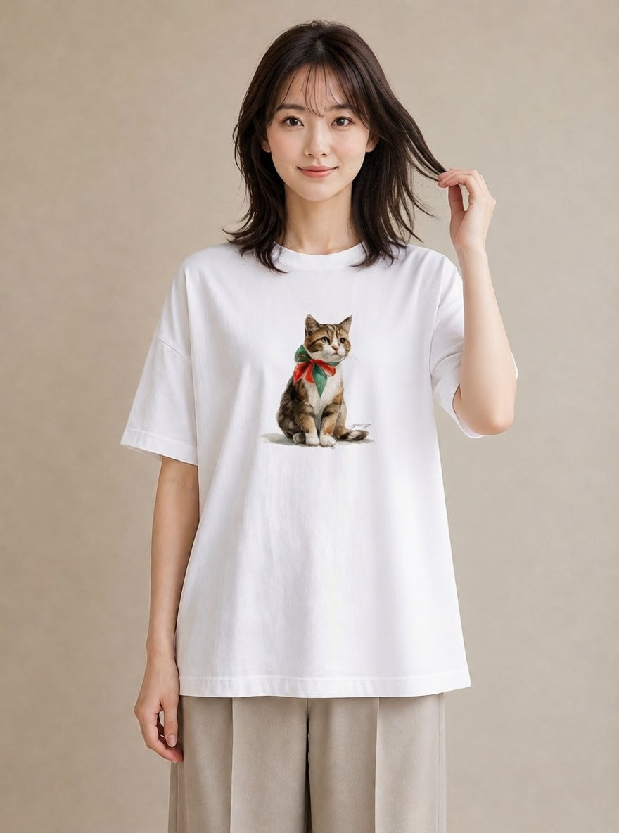 Tシャツ レディース ぶち猫 猫 ねこ イラスト モード お出かけ 普段着 白T