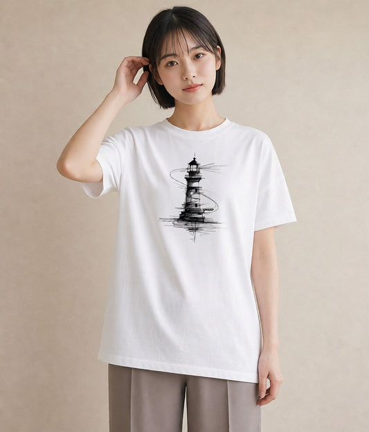 デザインTシャツ レディース 灯台 霧 海 ナチュラル アンティーク イラスト 上品 夏コーデ 通学 白T