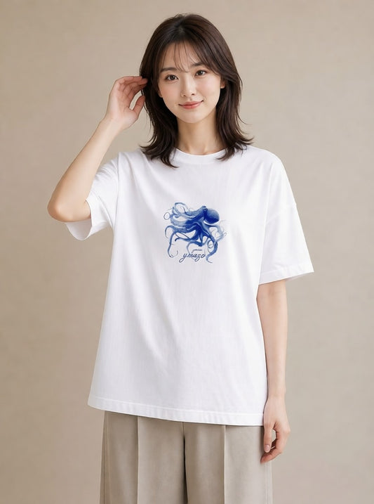 半袖Tシャツ レディース イカ 海の生き物 海 イラスト 休日コーデ カフェ巡り 白T