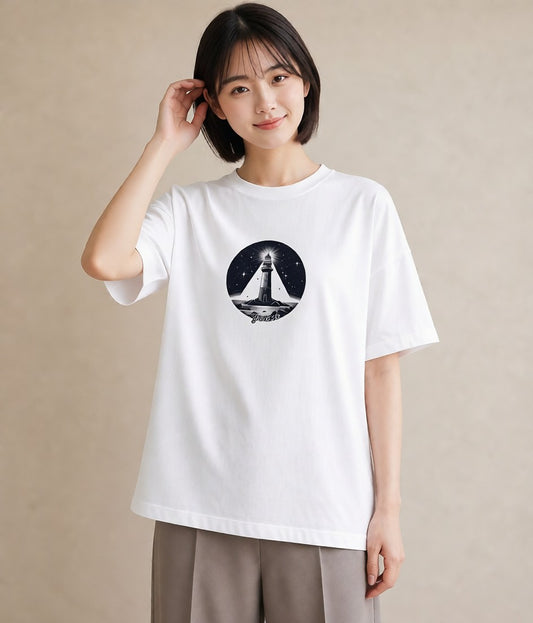 Tシャツ レディース 灯台 霧 海 ナチュラル アンティーク イラスト ニュアンス 通勤 在宅 白T