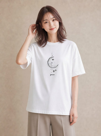 グラフィックTシャツ レディース 月と星 星空 ムーン イラスト きれいめカジュアル ホワイトデー 春服 白T