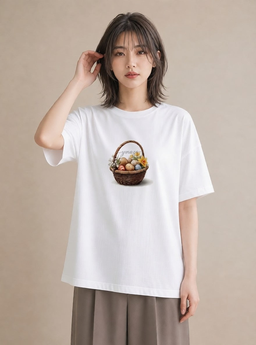 半袖Tシャツ レディース 自転車のかご 自転車 花かご ナチュラル アンティーク イラスト アート風 休日 ペアコーデ 白T