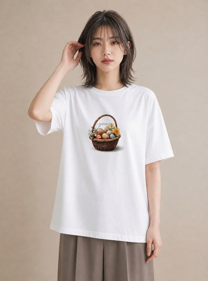 半袖Tシャツ レディース 自転車のかご 自転車 花かご ナチュラル アンティーク イラスト アート風 休日 ペアコーデ 白T