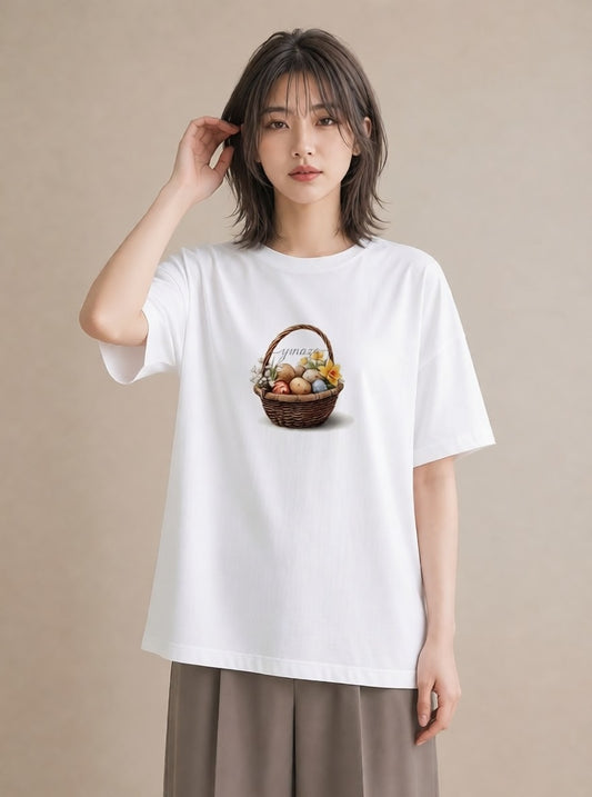 半袖Tシャツ レディース 自転車のかご 自転車 花かご ナチュラル アンティーク イラスト アート風 休日 ペアコーデ 白T
