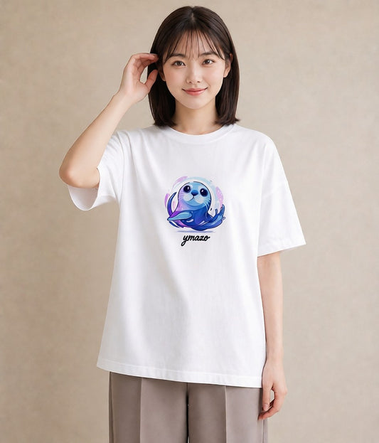プリントTシャツ レディース ゴマフアザラシ 動物 アニマル イラスト ペアコーデ 秋コーデ 白T