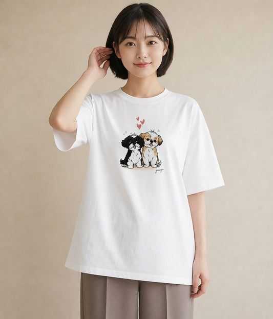 半袖Tシャツ レディース 狆 犬 いぬ イラスト ガーリー 綿100 デート 白T
