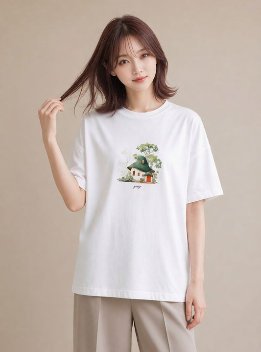 半袖Tシャツ レディース 遠い家と鳥 風景 鳥 ナチュラル アンティーク イラスト カフェコーデ 部屋着 女性向けギフト 白T
