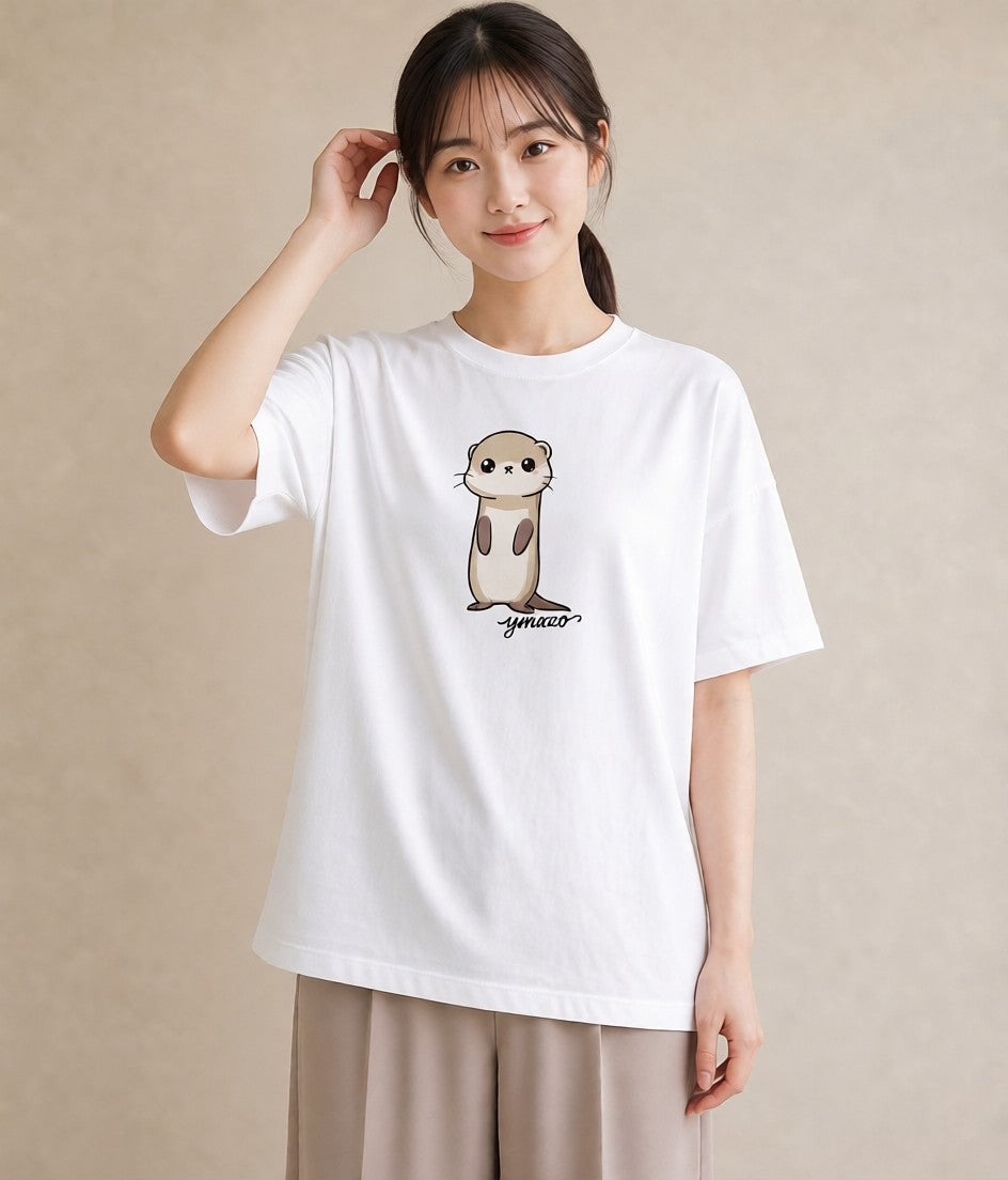プリントTシャツ レディース カワウソ 動物 アニマル イラスト 手描き風 自分用 ルームウェア 白T