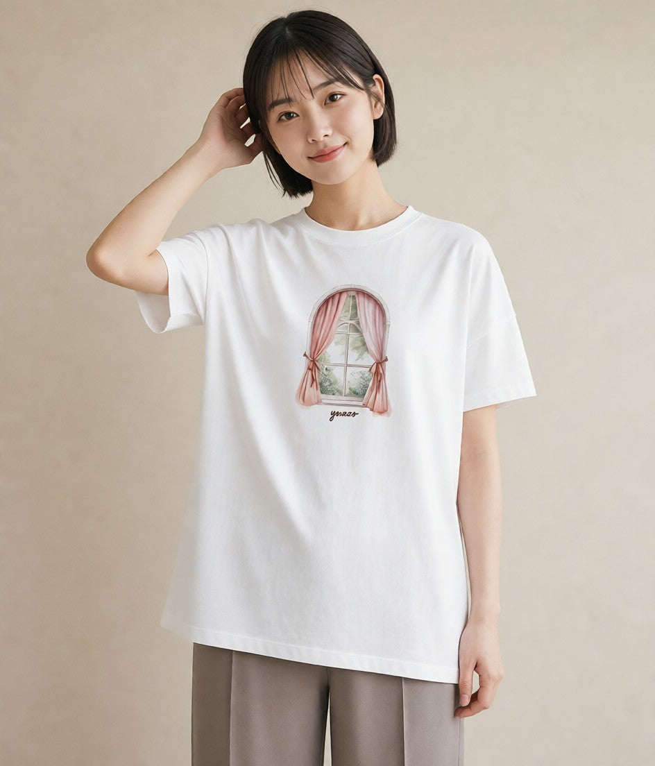 プリントTシャツ レディース 夕暮れ バルコニー 夕焼け ナチュラル アンティーク イラスト 休日コーデ 帰省 ラフ 白T
