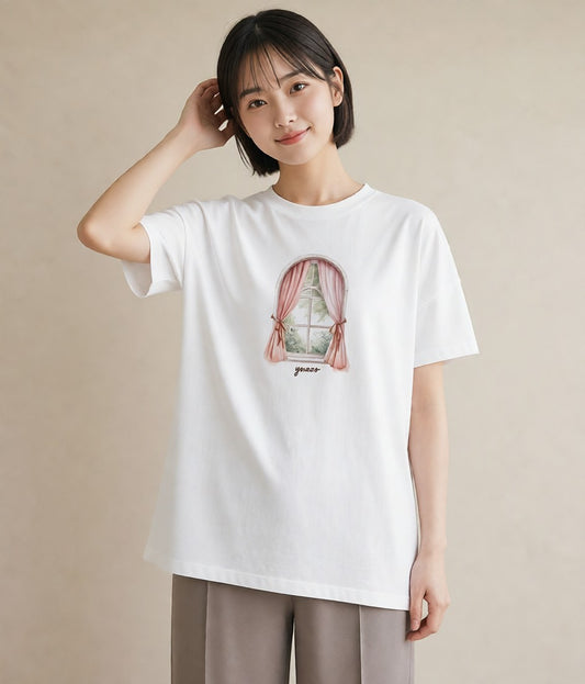 プリントTシャツ レディース 夕暮れ バルコニー 夕焼け ナチュラル アンティーク イラスト 休日コーデ 帰省 ラフ 白T