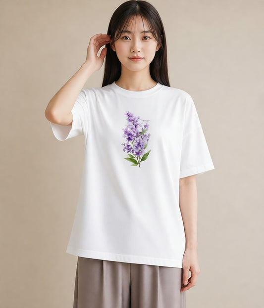 プリントTシャツ レディース ラベンダー 花 花柄 イラスト ラフカジュアル 友達ギフト 部屋着 白T