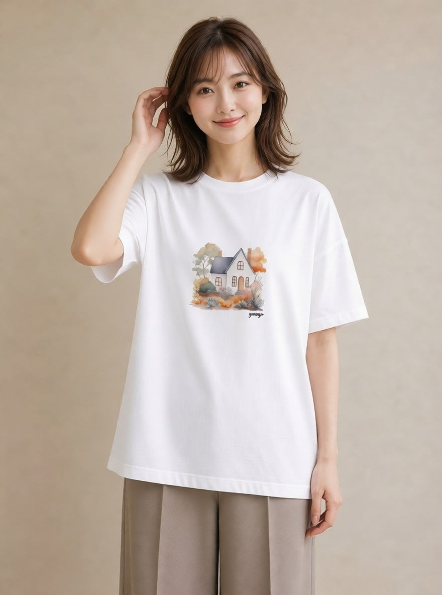 Tシャツ レディース 湖畔の小屋 湖 小屋 ナチュラル アンティーク イラスト アート風 公園 ママ 白T