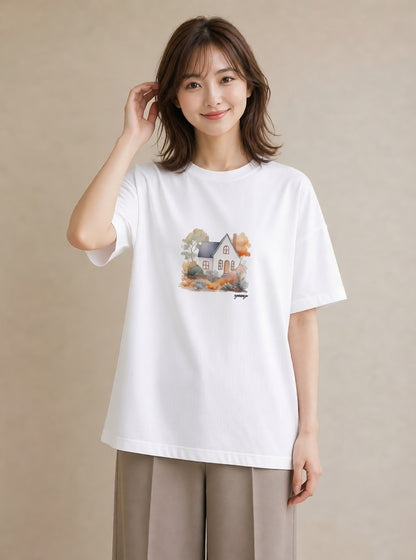 Tシャツ レディース 湖畔の小屋 湖 小屋 ナチュラル アンティーク イラスト アート風 公園 ママ 白T